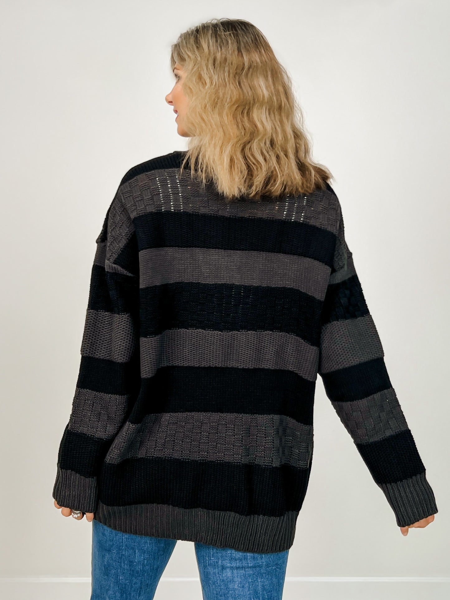 Horizontal Stripe Textured Cardigan with Front Buttons