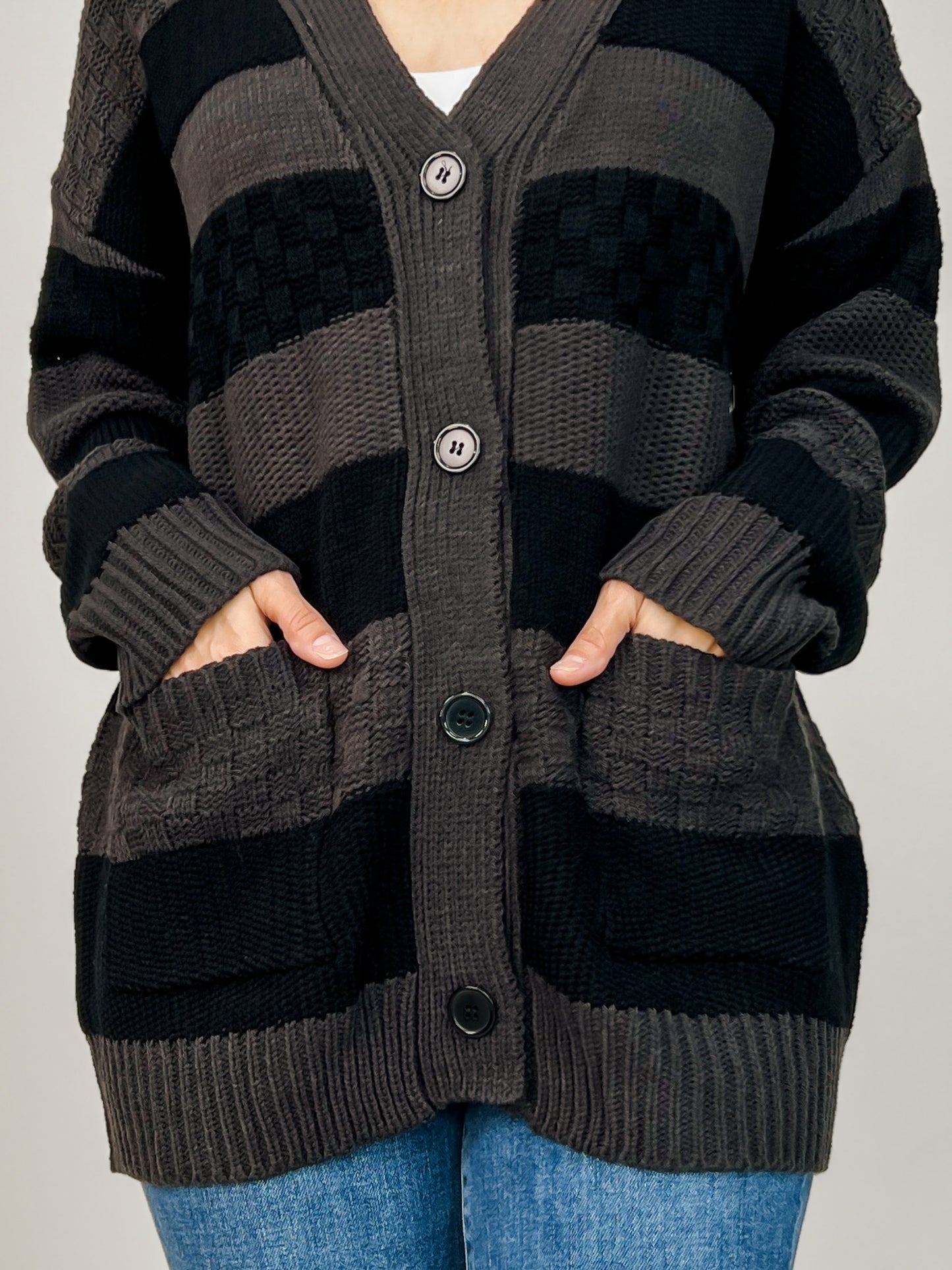 Horizontal Stripe Textured Cardigan with Front Buttons