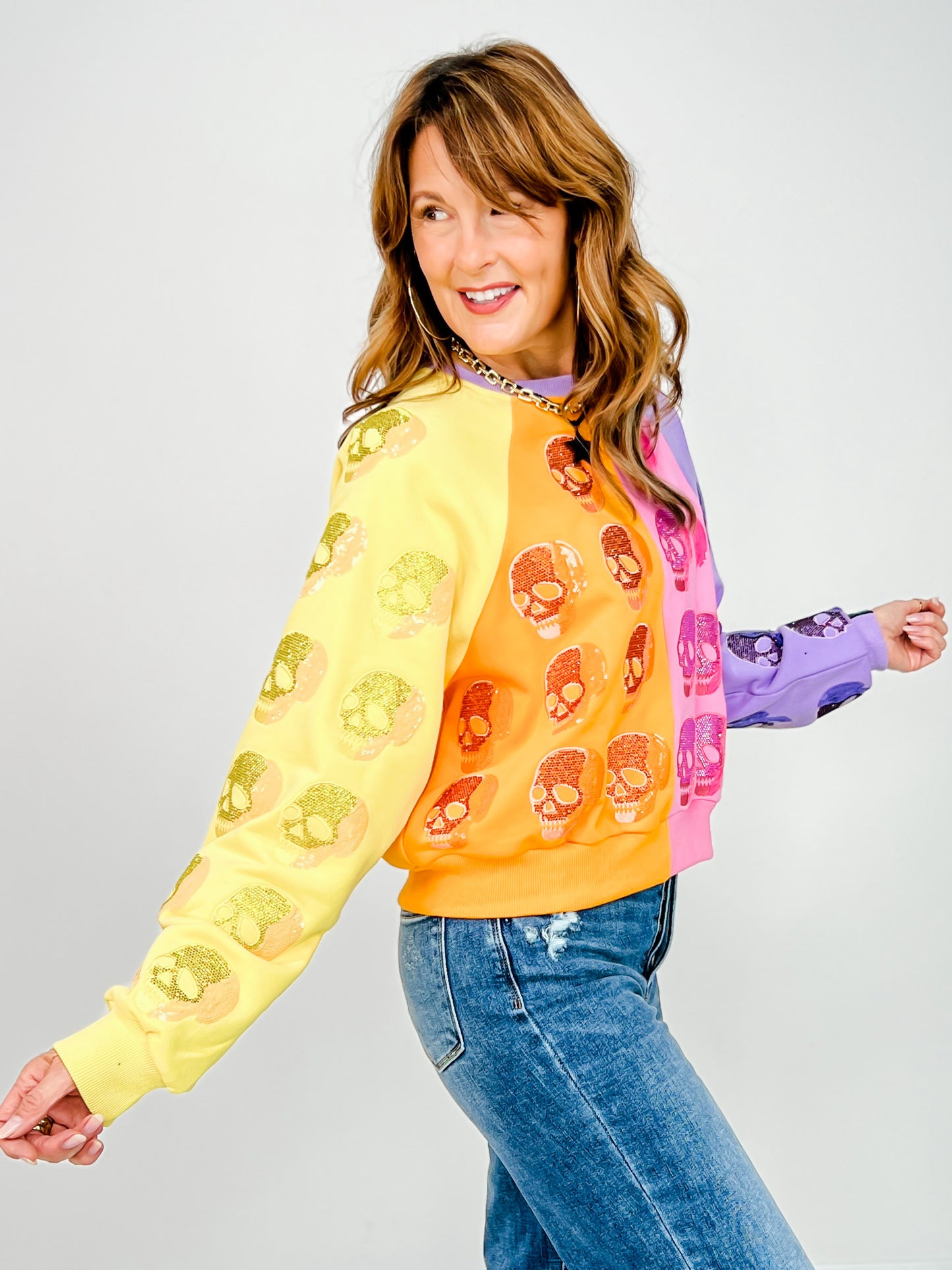Queen of Sparkles Colorblock Multi Skull Sweatshirt
