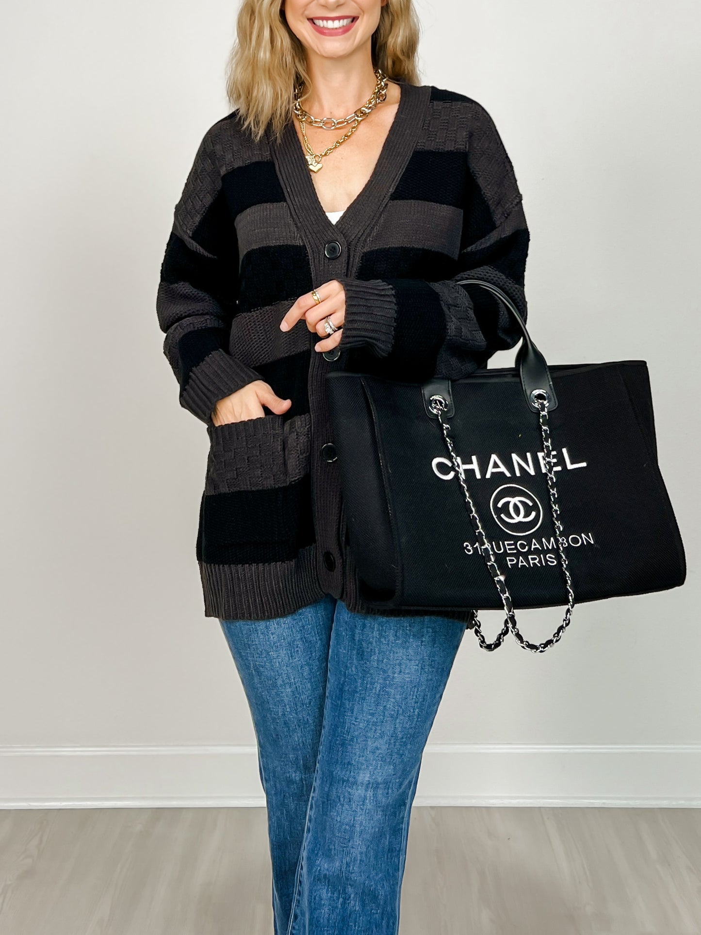 Horizontal Stripe Textured Cardigan with Front Buttons