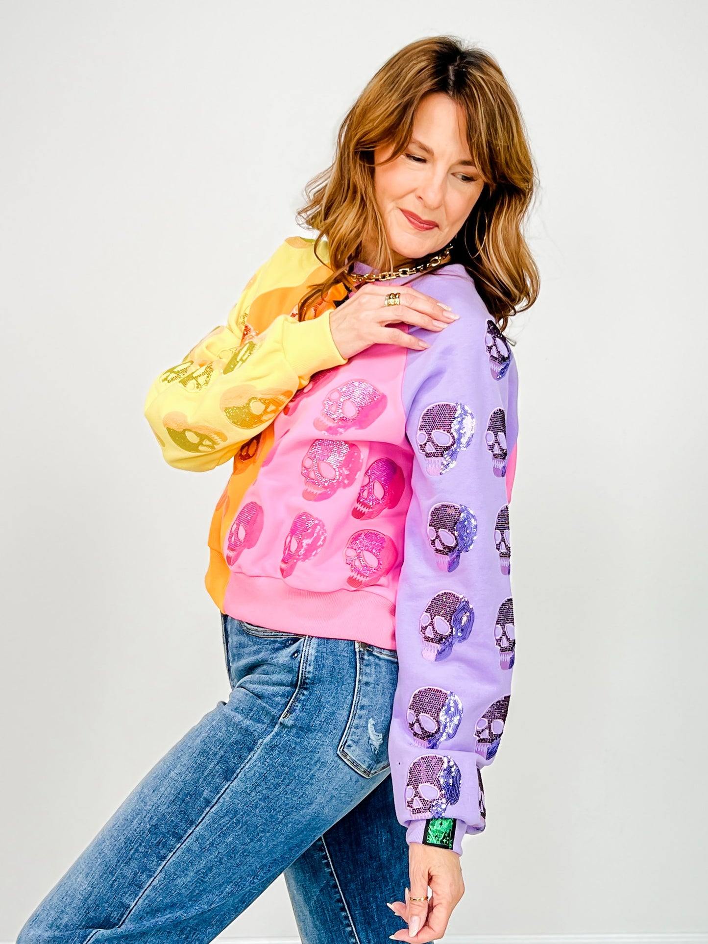 Queen of Sparkles Colorblock Multi Skull Sweatshirt
