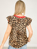 Leopard Print Top with Contrast Placket and Flutter Sleeves