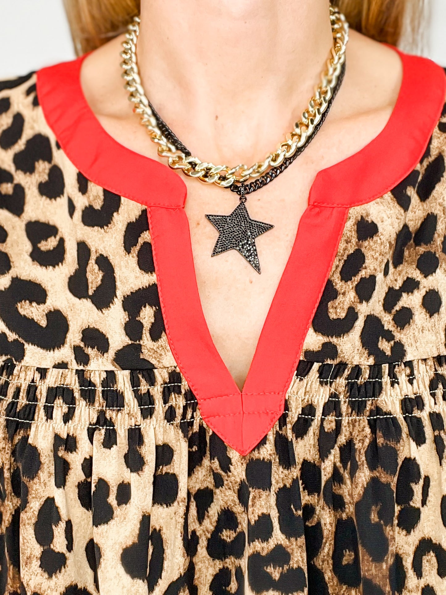 Leopard Print Top with Contrast Placket and Flutter Sleeves