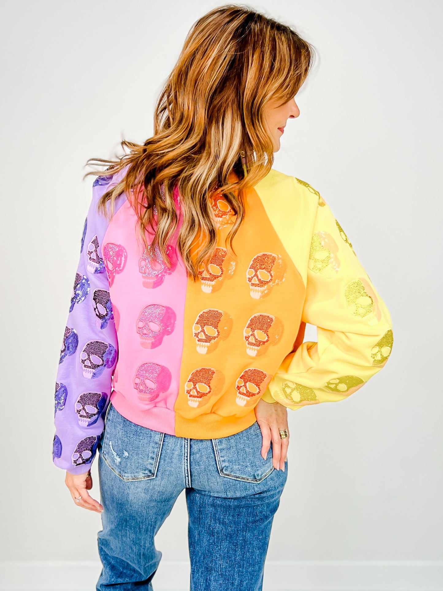 Queen of Sparkles Colorblock Multi Skull Sweatshirt