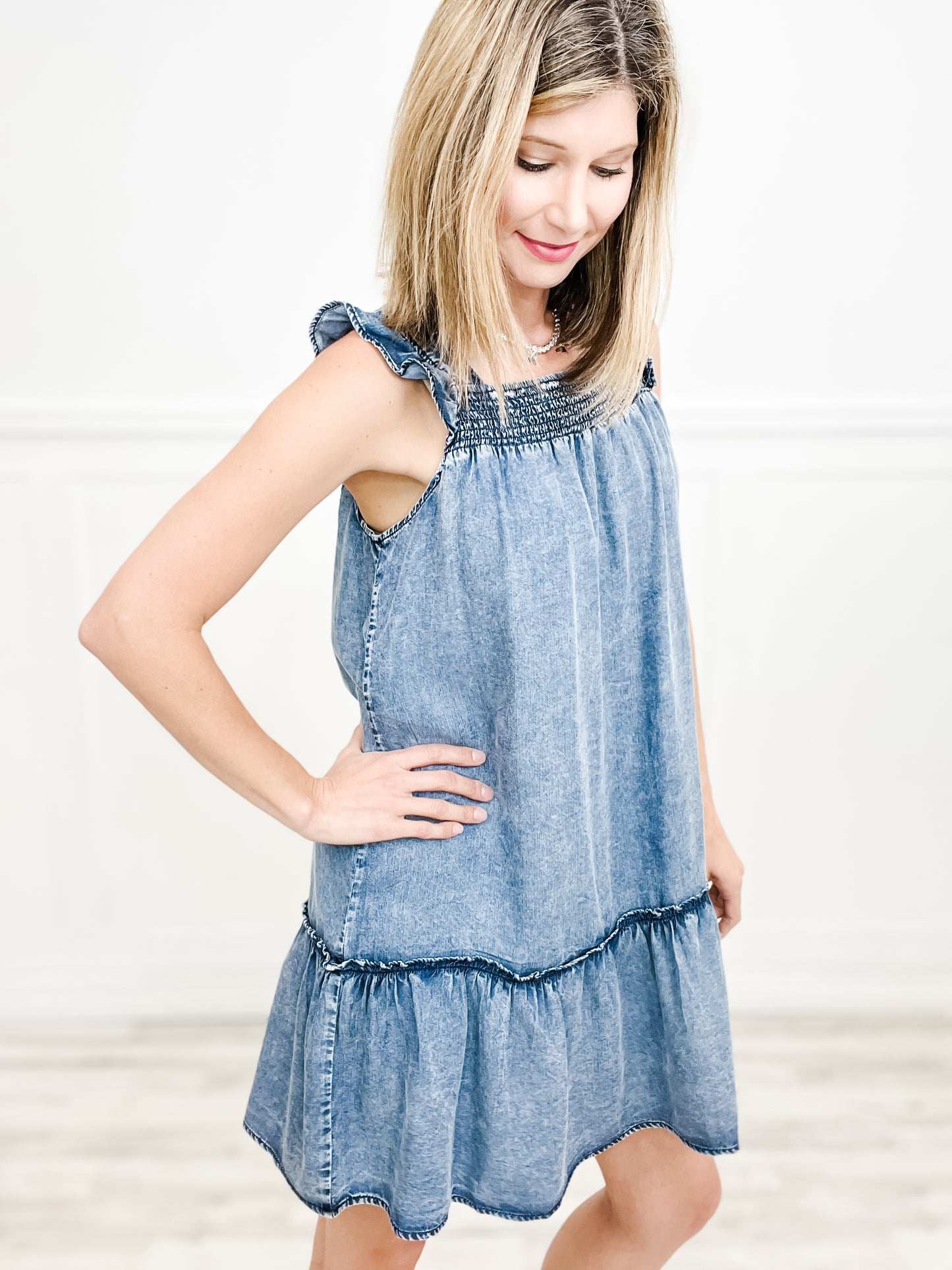 Count Me In Denim Smocked Mini Dress with Ruffle Detail