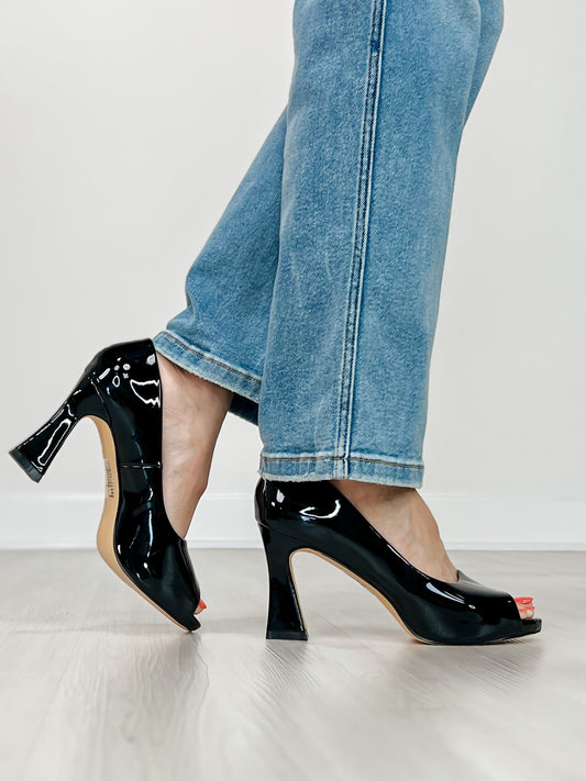 Pierre Dumas Laris-2 Peep Toe Heels in Black Patent