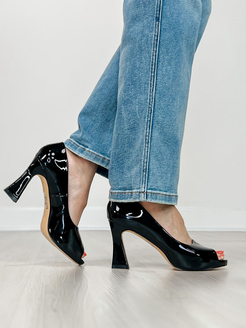 Pierre Dumas Laris-2 Peep Toe Heels in Black Patent