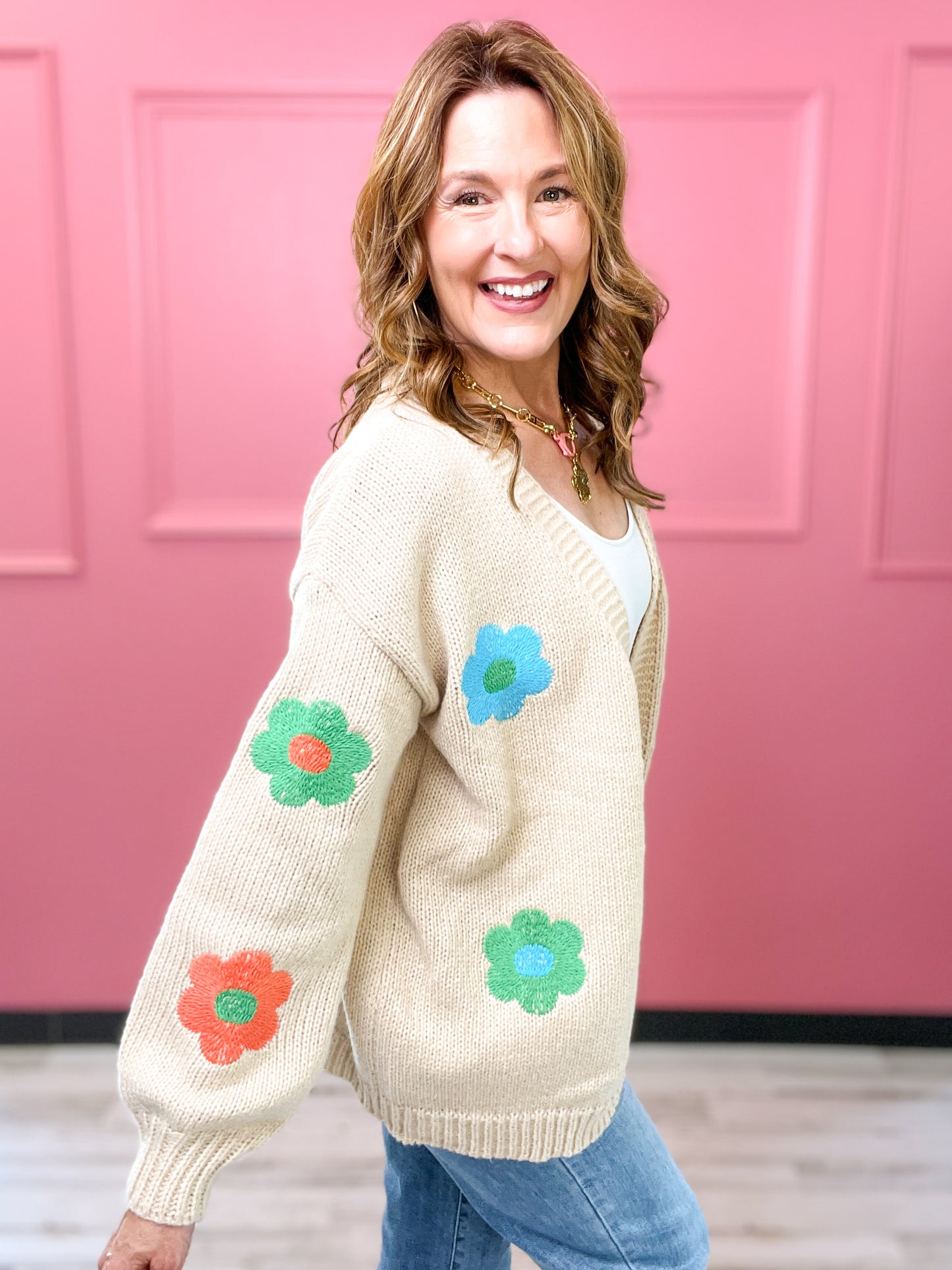 Flower Embroidered V-Neck Knit Cardigan