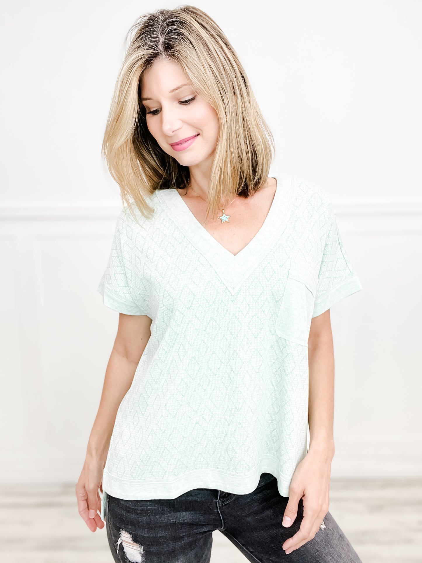 Jacquard V-Neck Dolman Short Sleeve Oversized Top