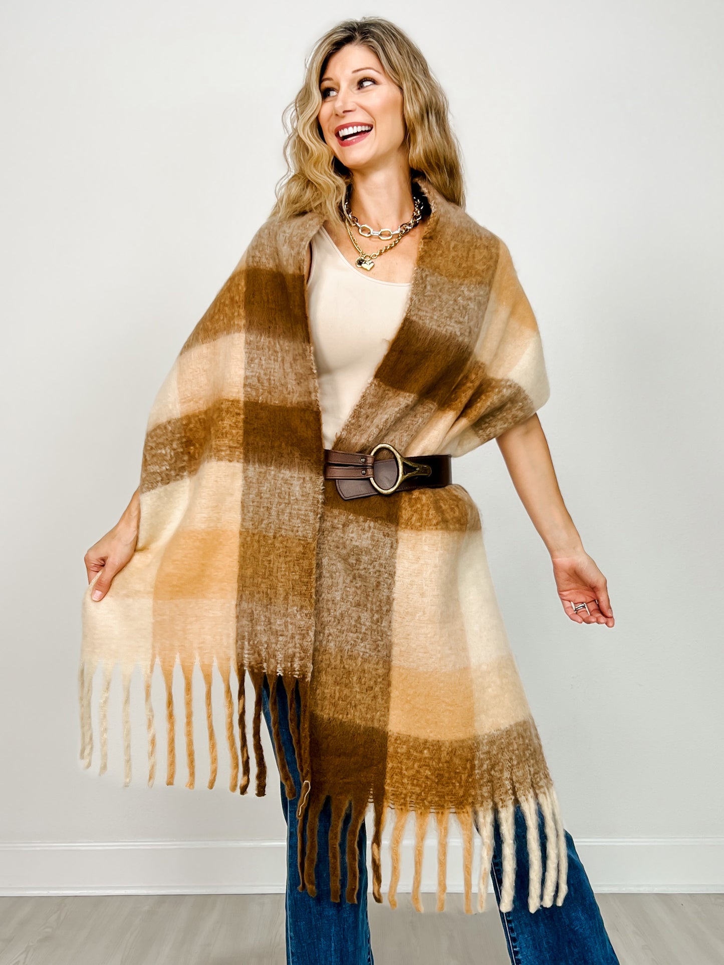 Checkered Pattern Oblong Scarf with Fringe