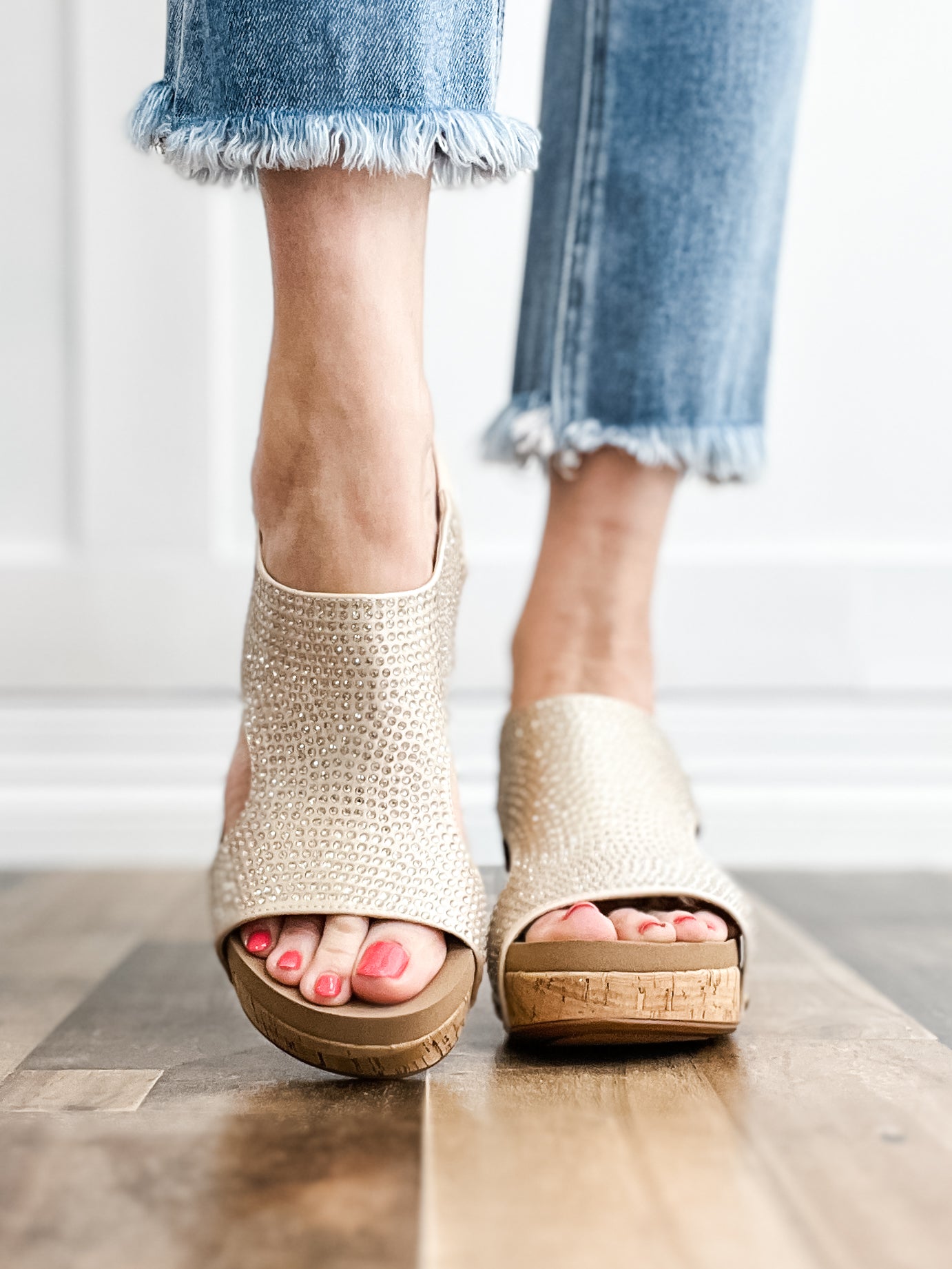 Corkys Carley Wedge Shoes in Champagne Crystals