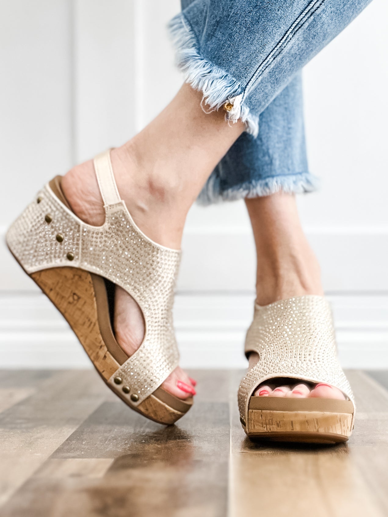 Corkys Carley Wedge Shoes in Champagne Crystals