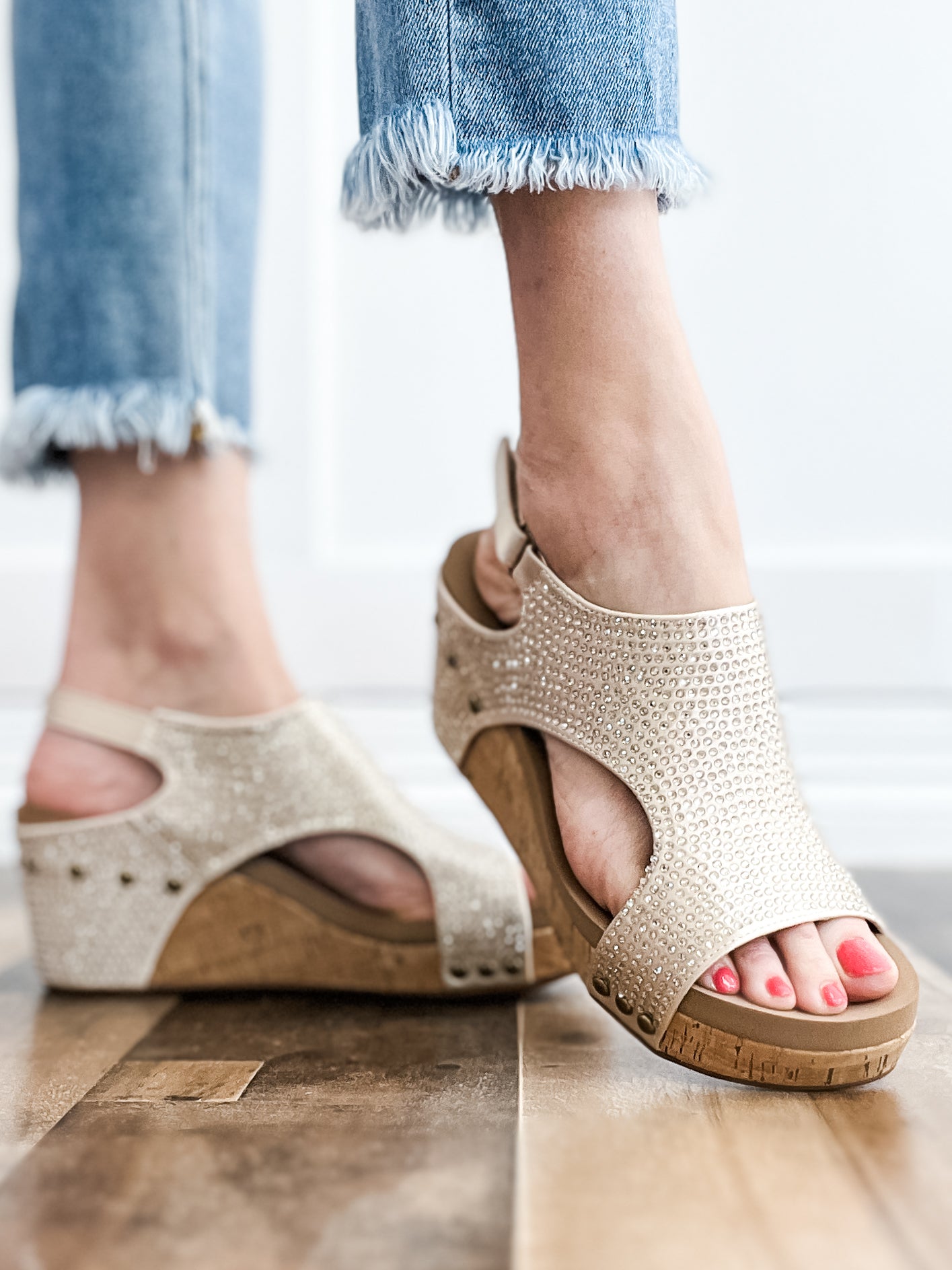 Corkys Carley Wedge Shoes in Champagne Crystals