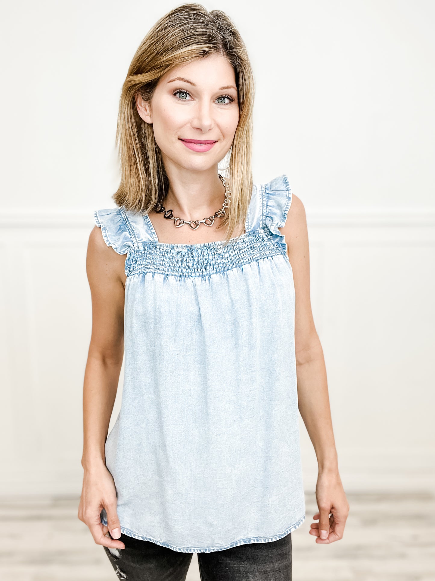 Simple Style Denim Smocked Tank Top with Ruffle Detail