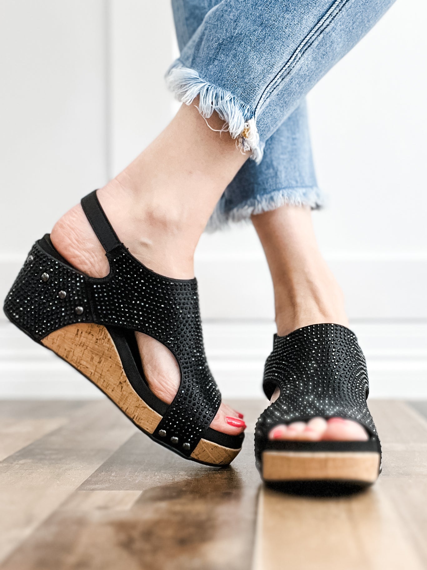 Corkys Carley Wedge Shoes in Black Crystals