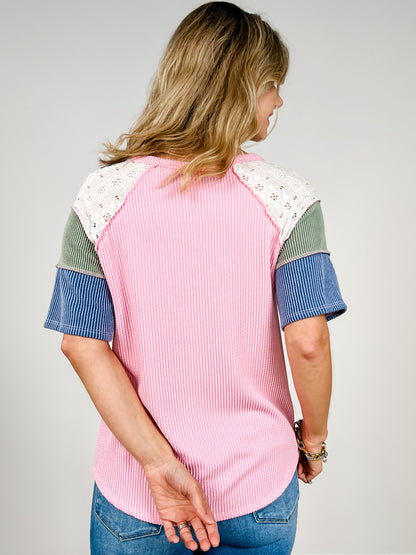 Ribbed Patchwork Button Front Short Sleeve Top