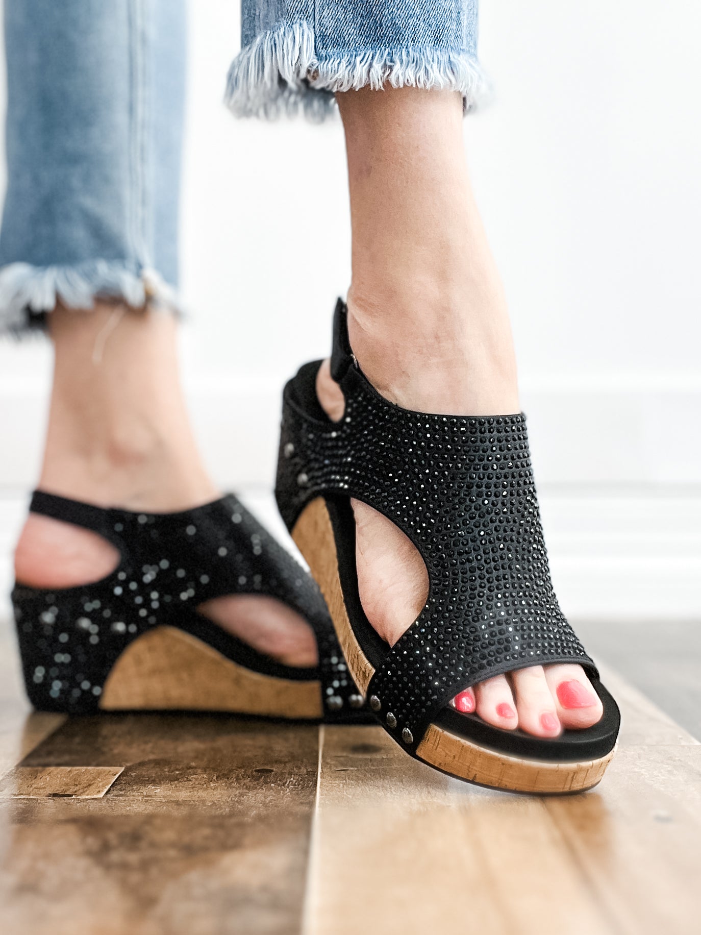 Corkys Carley Wedge Shoes in Black Crystals