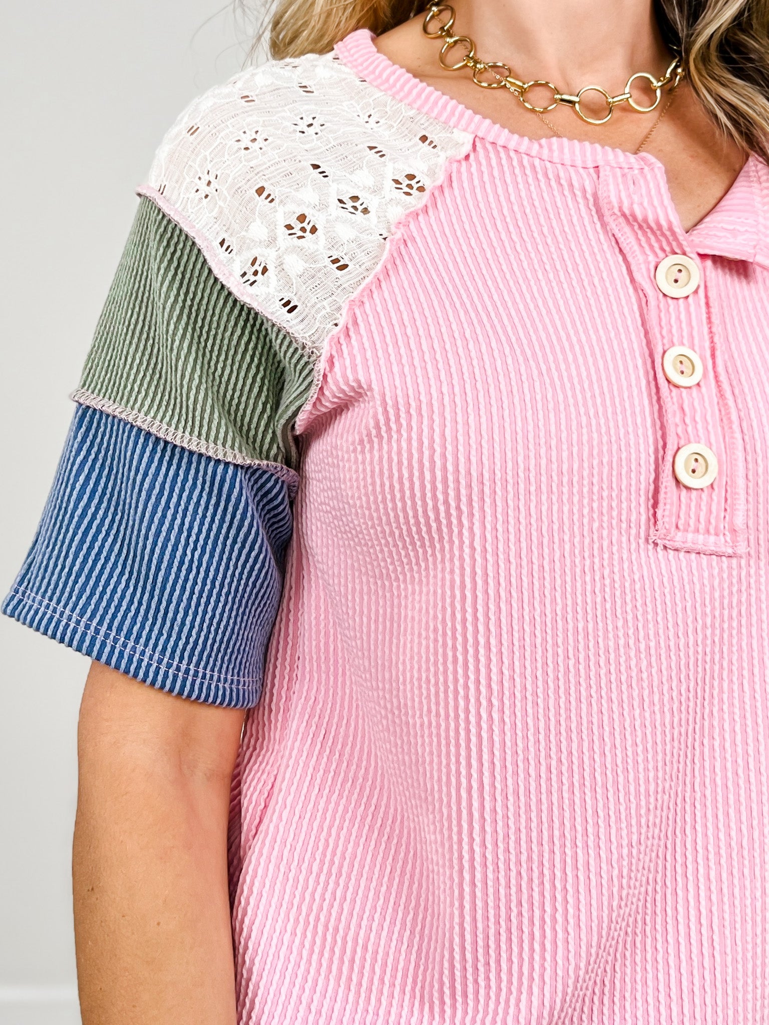 Ribbed Patchwork Button Front Short Sleeve Top