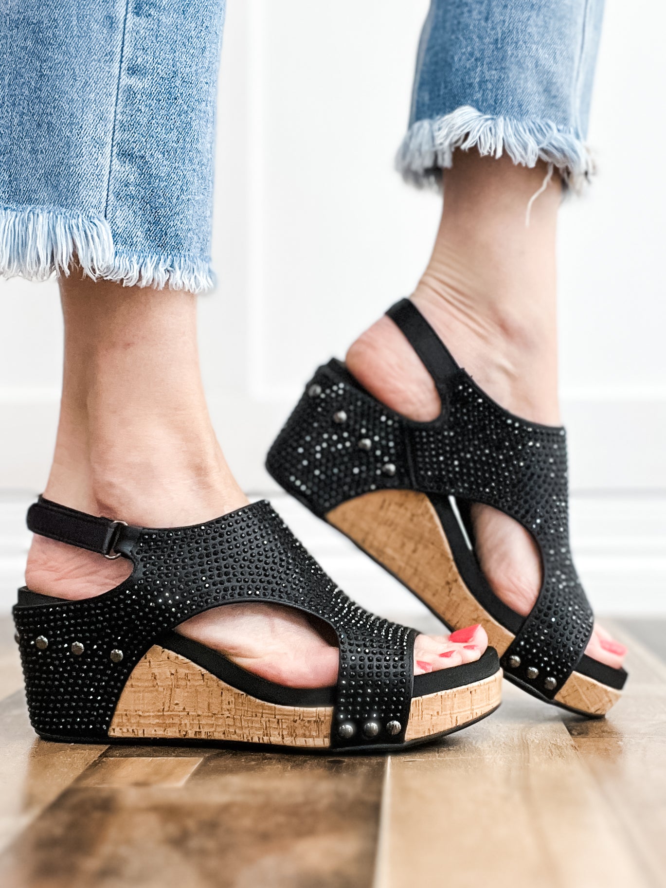 Corkys Carley Wedge Shoes in Black Crystals