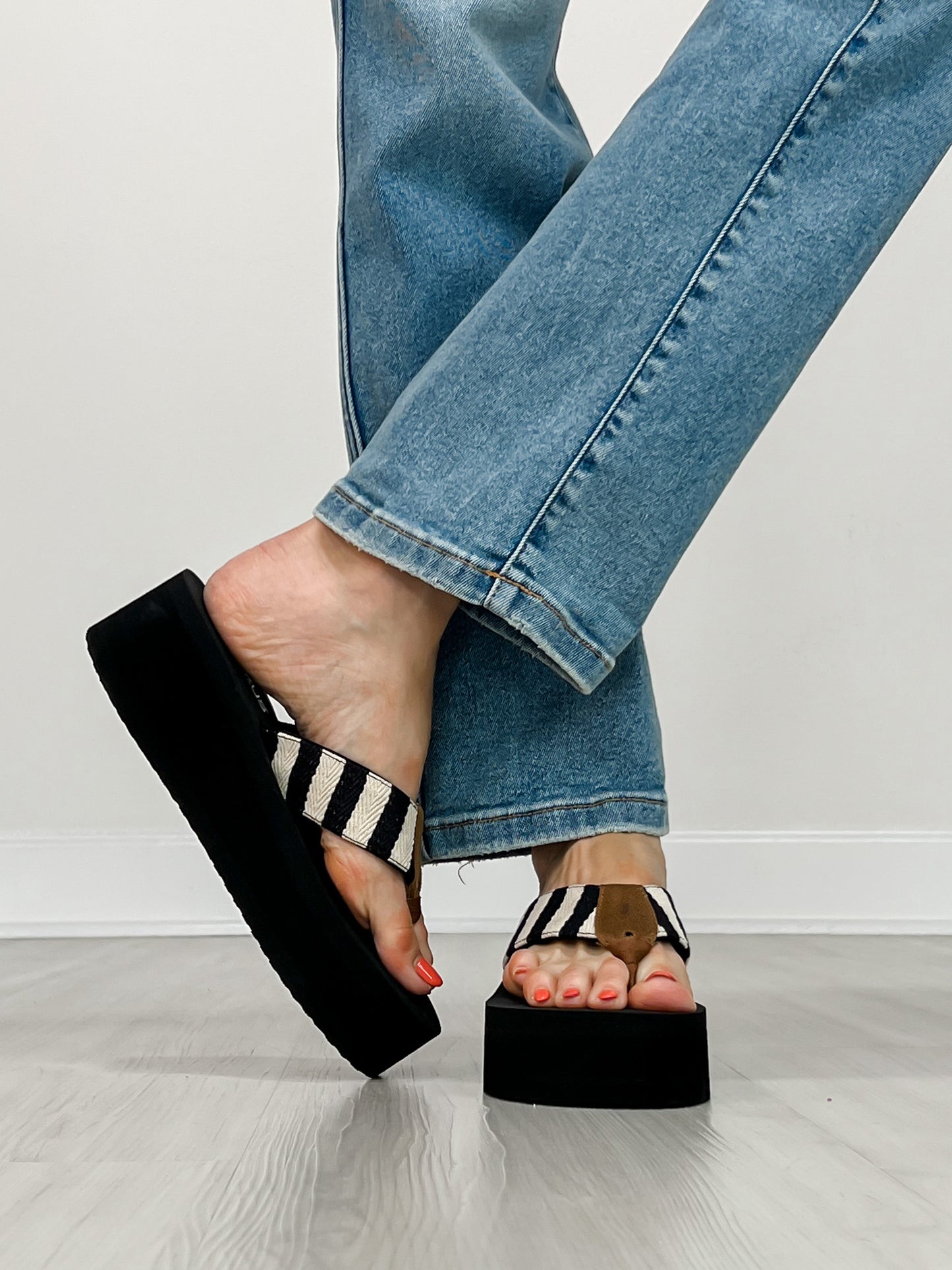 Corkys Take A Dip Wedge Flip-Flops in BLACK NATURAL STRIPE