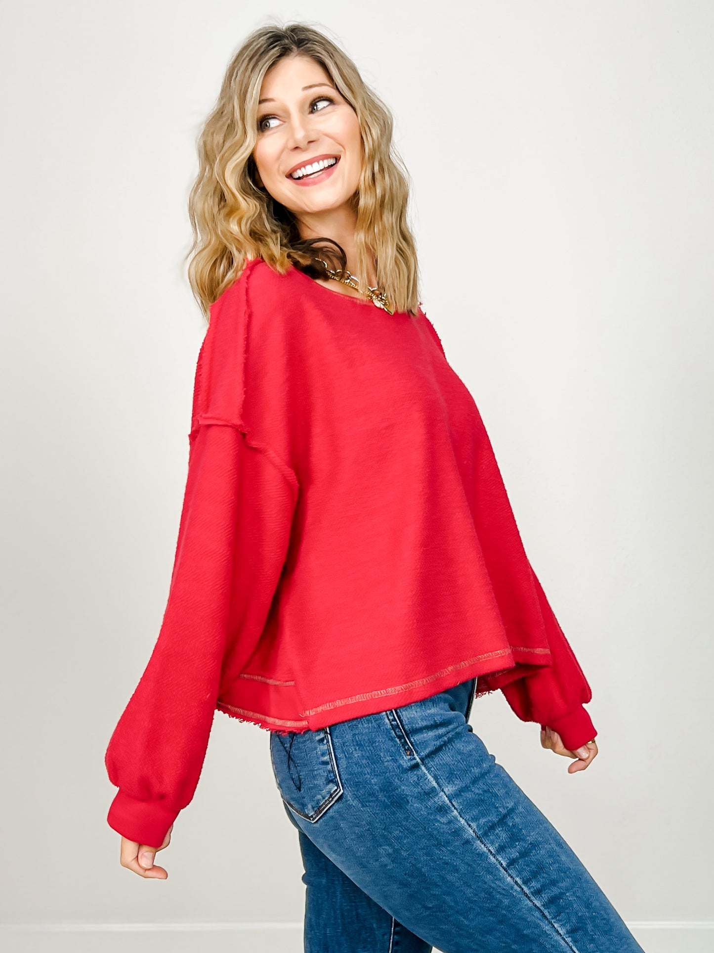 Overlap Open Back Oversized Reverse Stitched Top