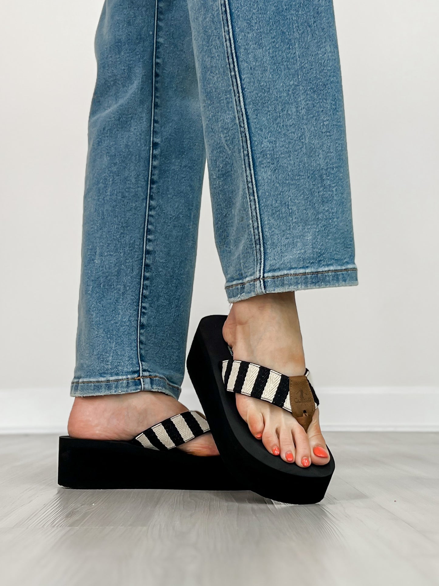 Corkys Take A Dip Wedge Flip-Flops in BLACK NATURAL STRIPE