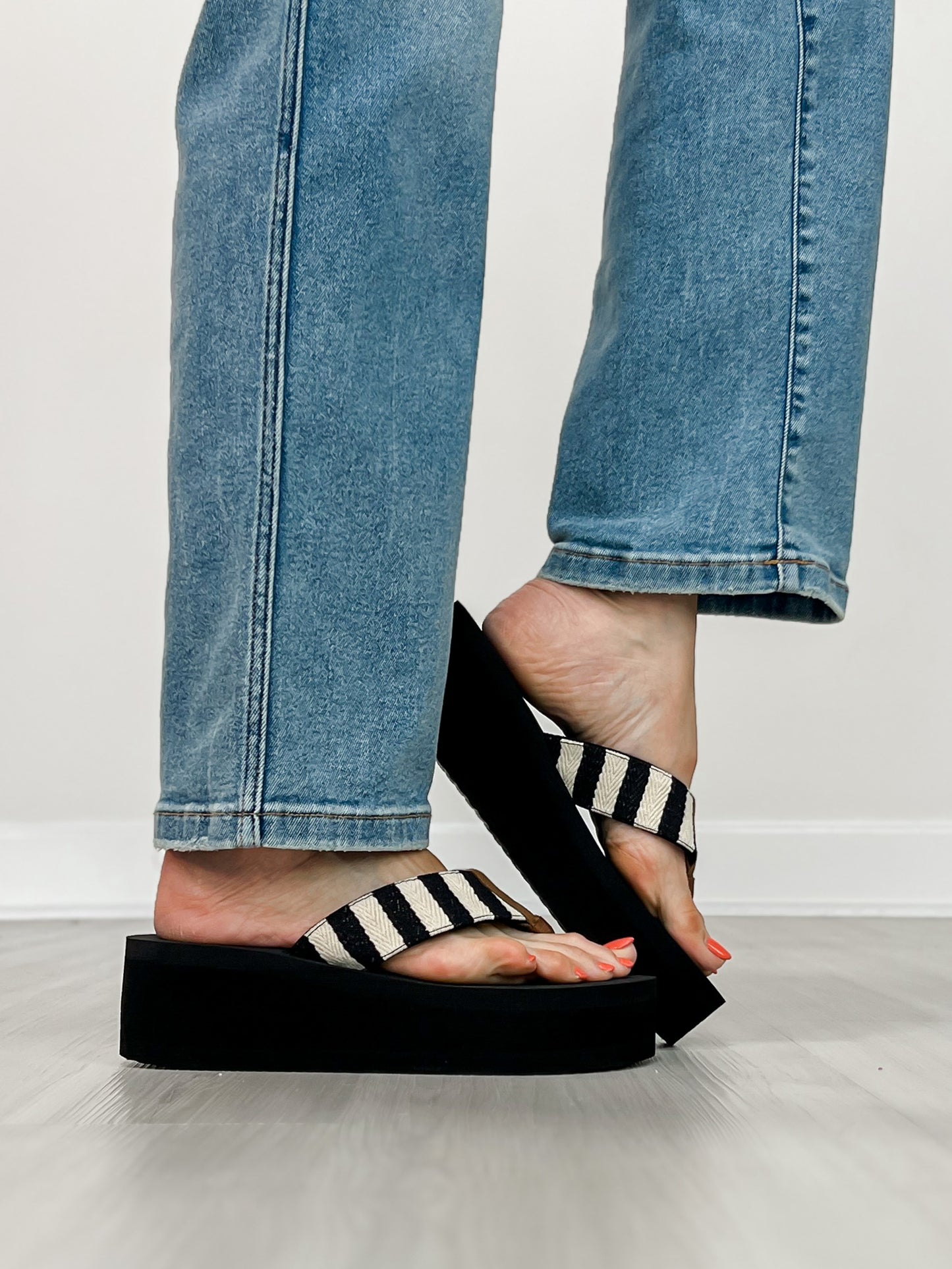 Corkys Take A Dip Wedge Flip-Flops in BLACK NATURAL STRIPE