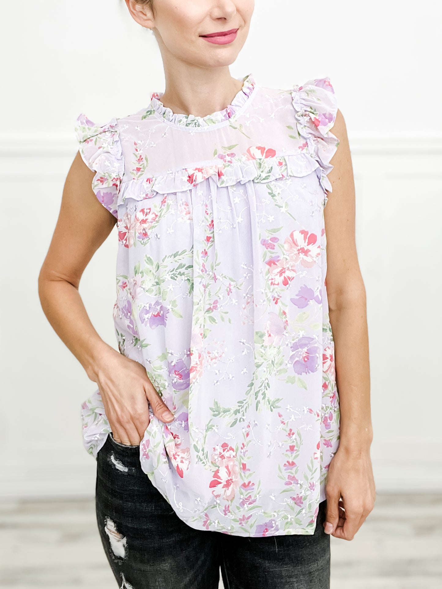 Meadow of Wild Flowers Flutter Sleeve Floral Top