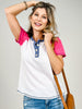 Henley Neckline Color Block Raglan Short Sleeve Top