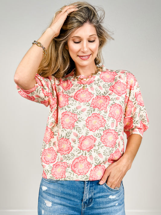 Flower Printed Puff Sleeves Knit Top