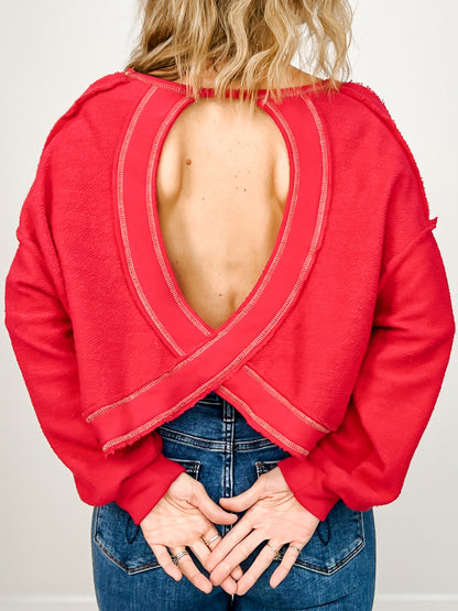Overlap Open Back Oversized Reverse Stitched Top