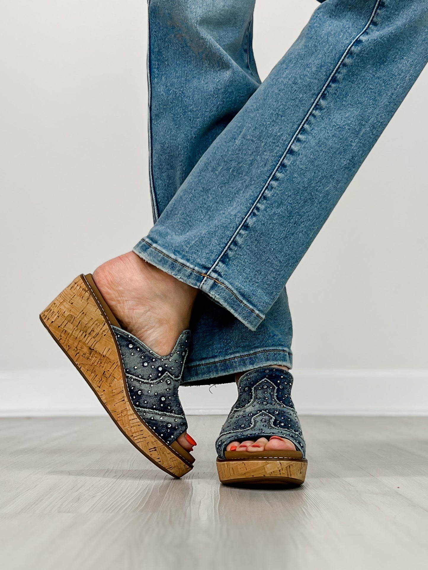 Corkys Neon Moon Cork Wedges in Blue Washed Denim Rhinestone