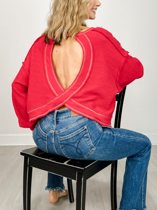 Overlap Open Back Oversized Reverse Stitched Top