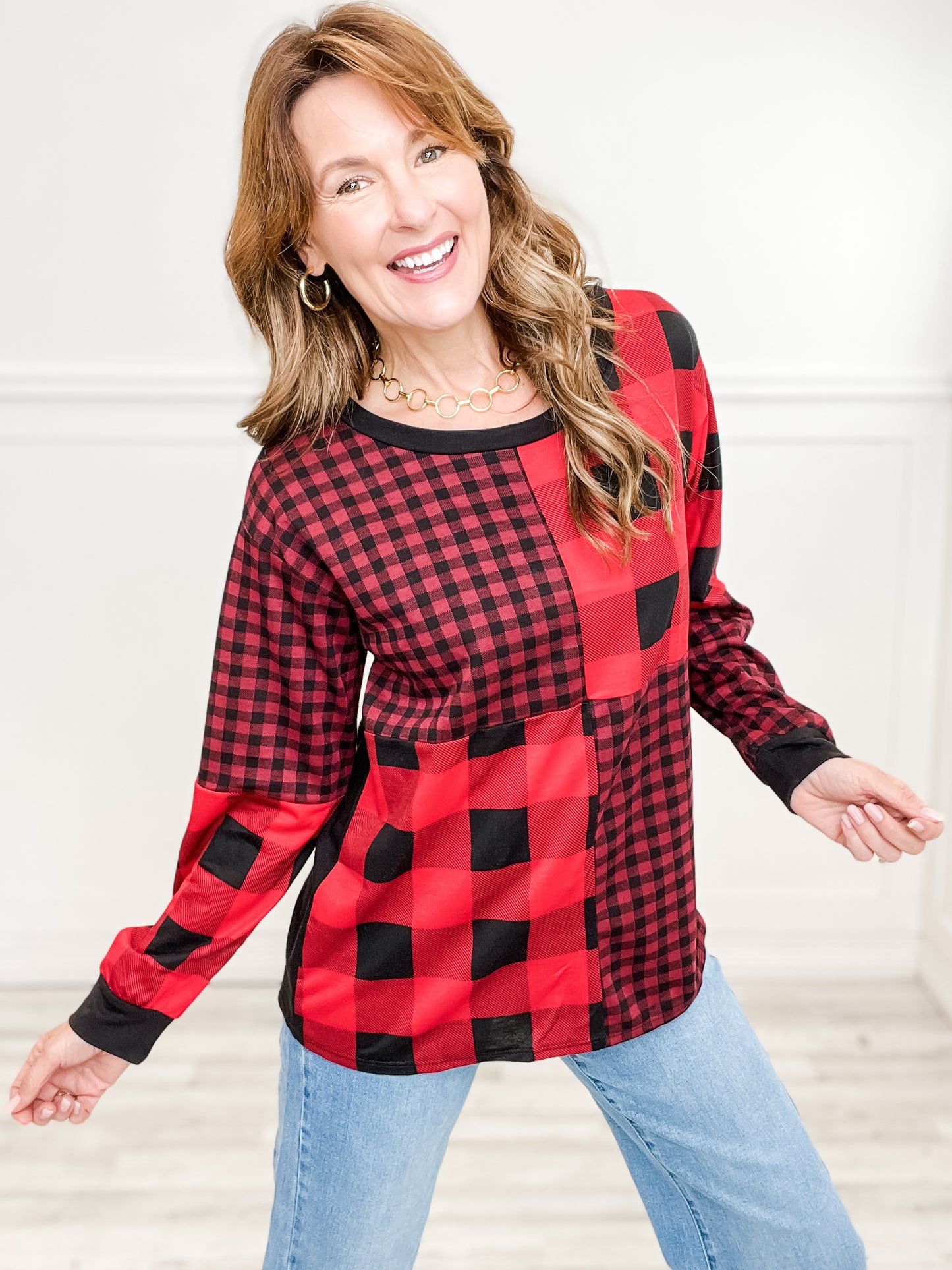 CHECKER PRINT FRENCH TERRY COLOR BLOCK SWEATSHIRTS