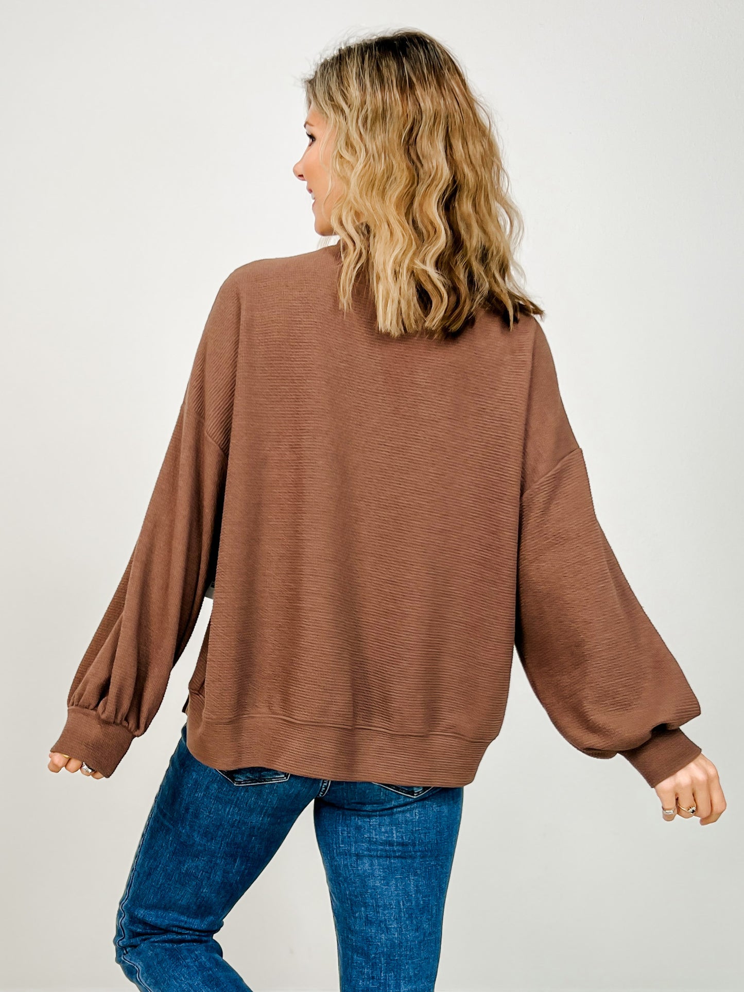 Cloudy Knit Mock Neck Cuffed Long Sleeve Top