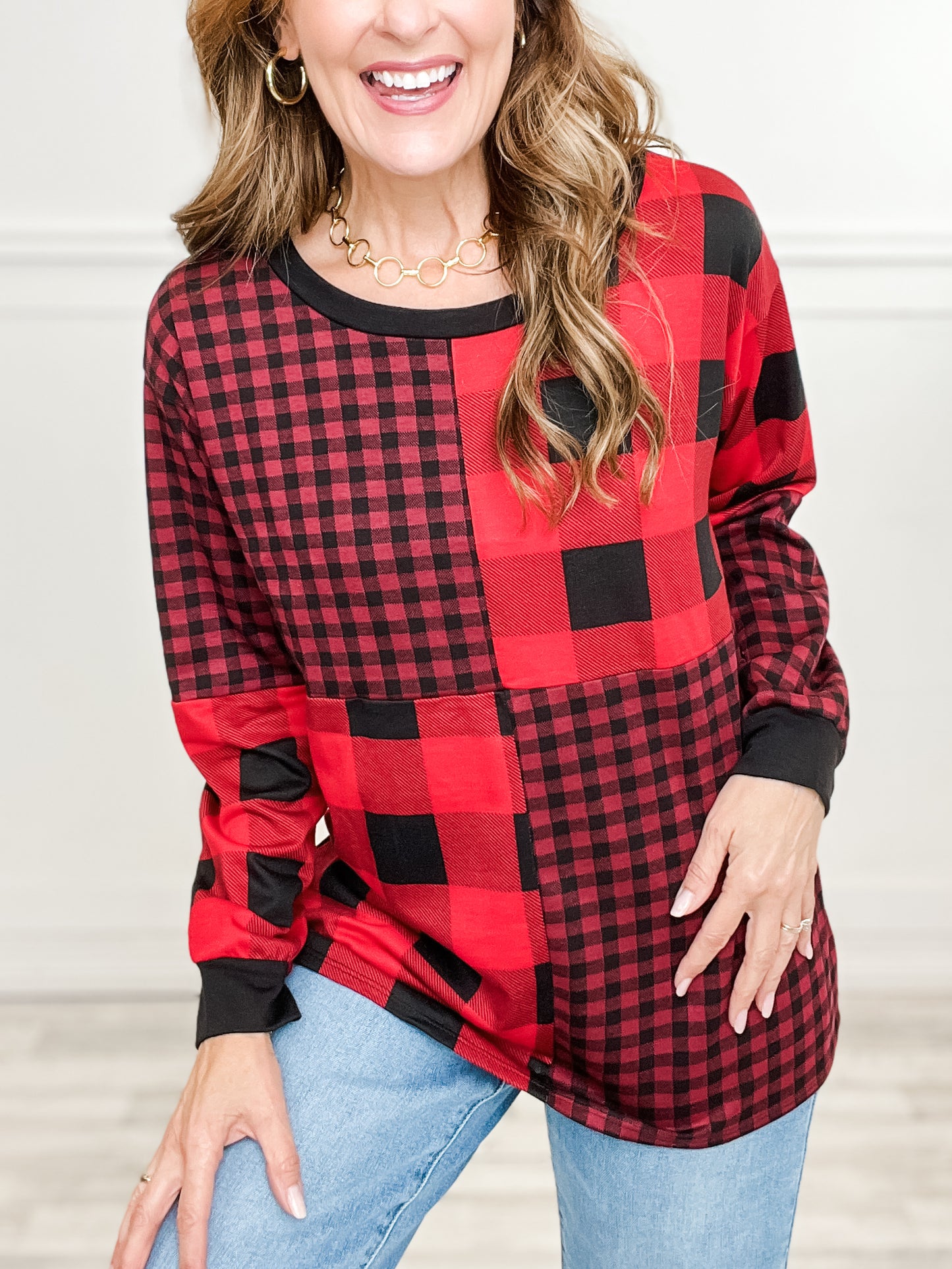 CHECKER PRINT FRENCH TERRY COLOR BLOCK SWEATSHIRTS