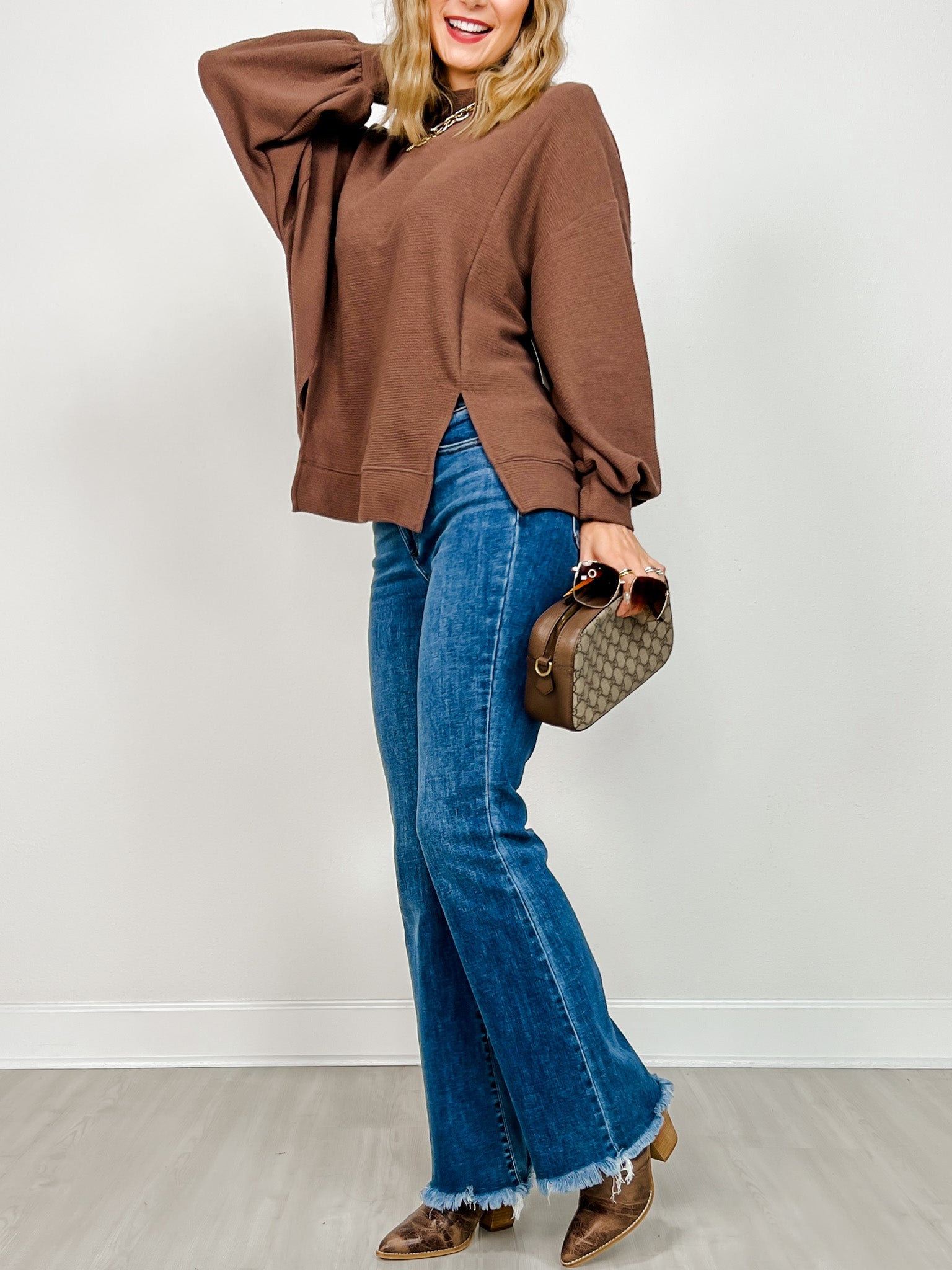 Cloudy Knit Mock Neck Cuffed Long Sleeve Top