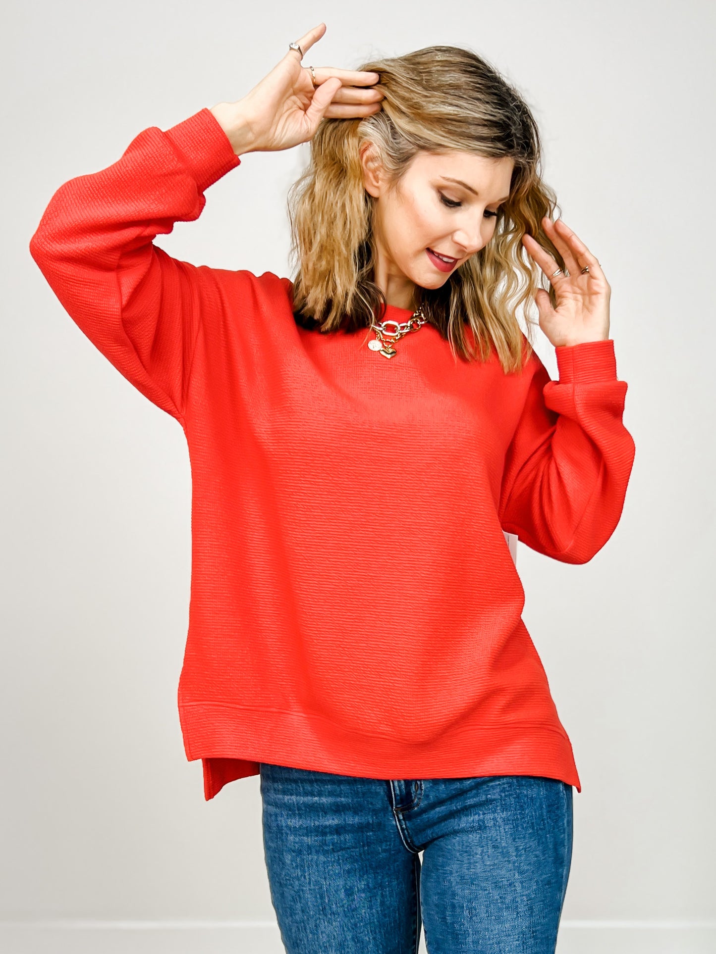 Cloudy Knit Round Neck Long Sleeve Top with Hi-Lo Hem