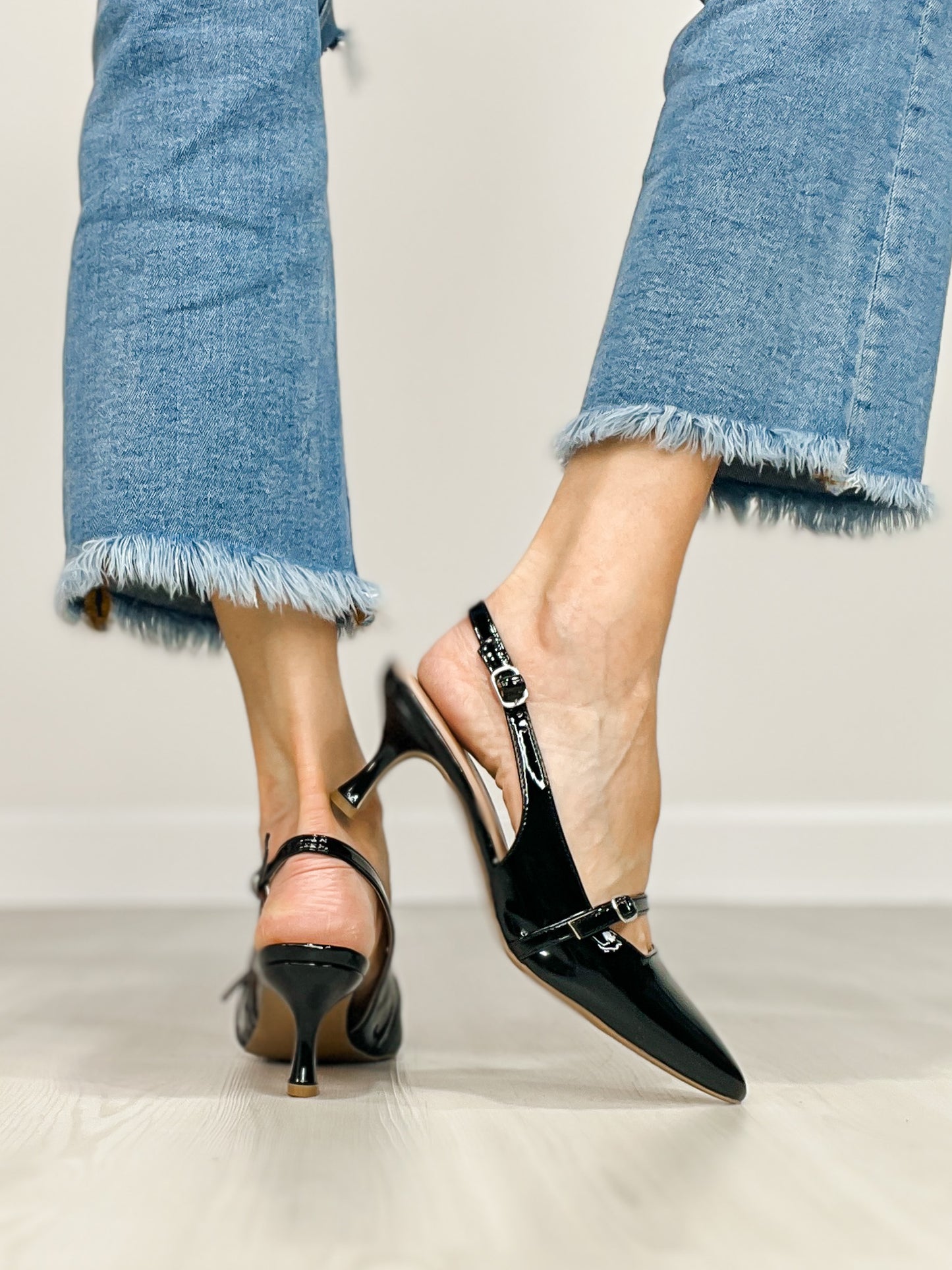 MIA Saurra Pointed Toe Kitten Heels in Black Patent