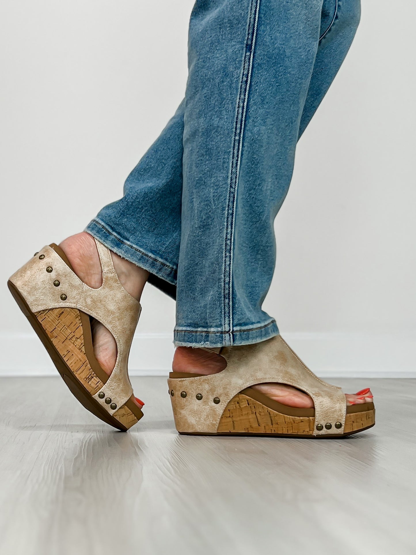 Corkys Carley Wedges in SAND DISTRESSED