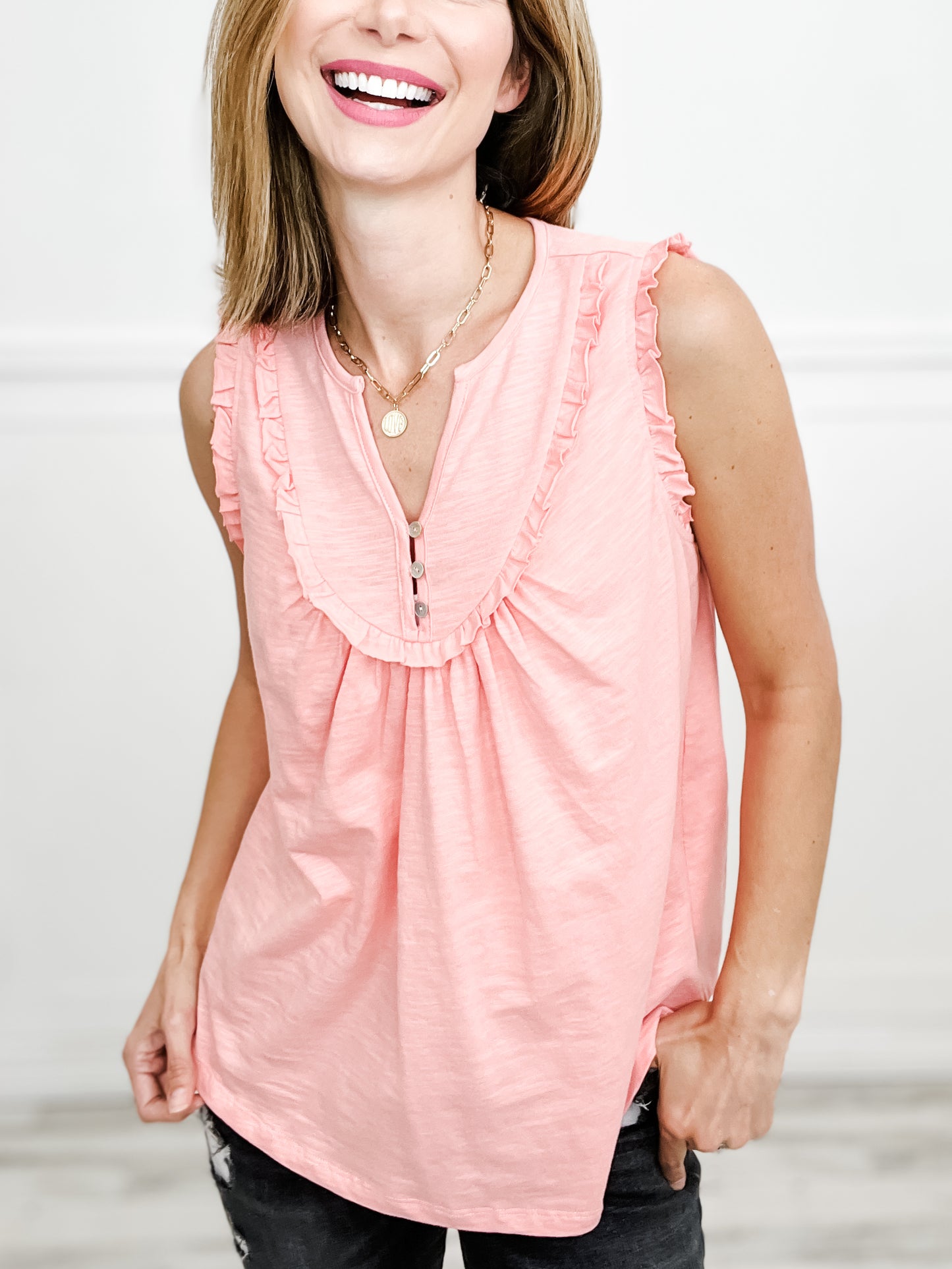 Frilled Sleeveless Knit Top with Button Neckline