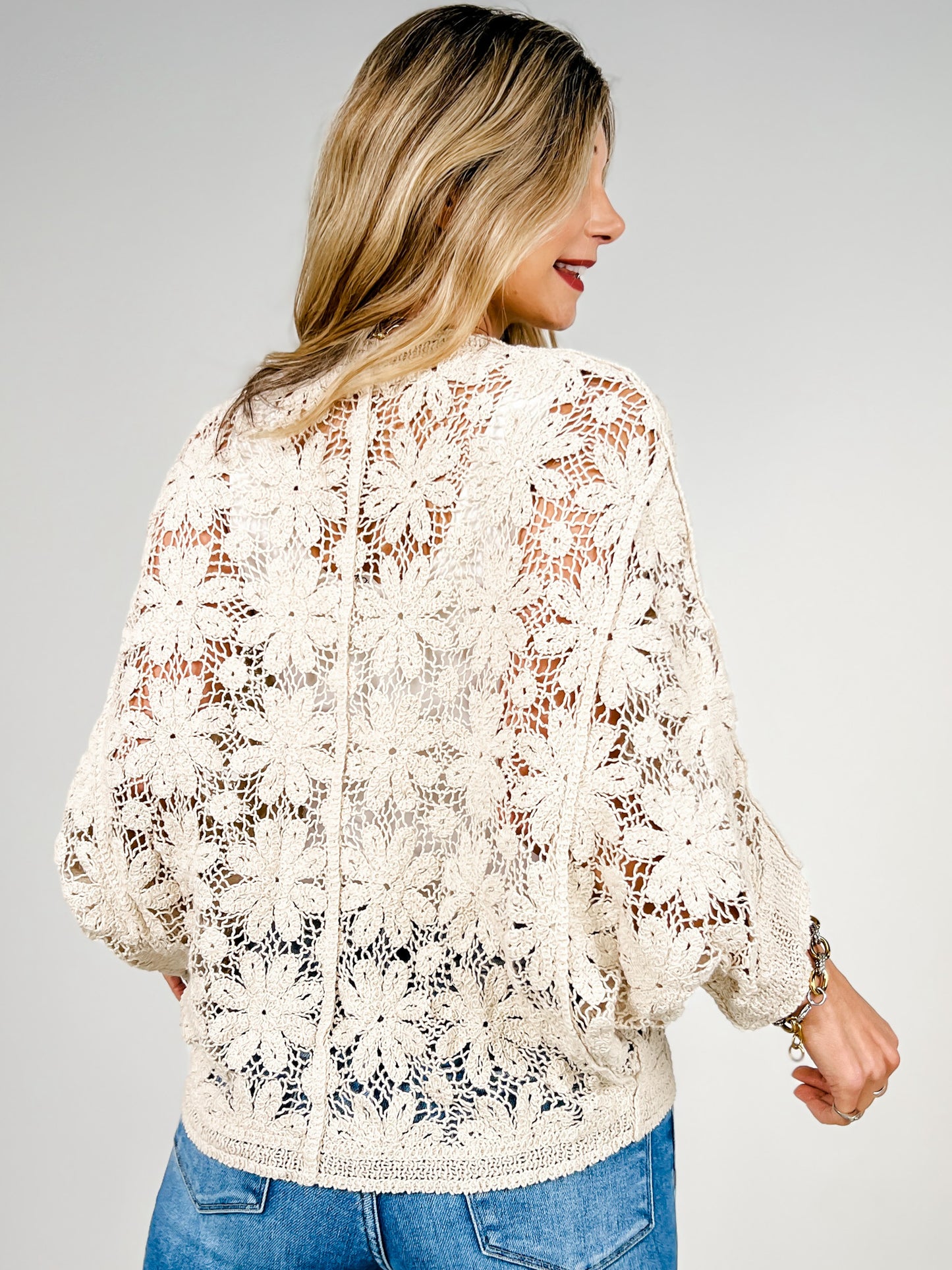 Crochet Button Down Half Sleeve Cardigan