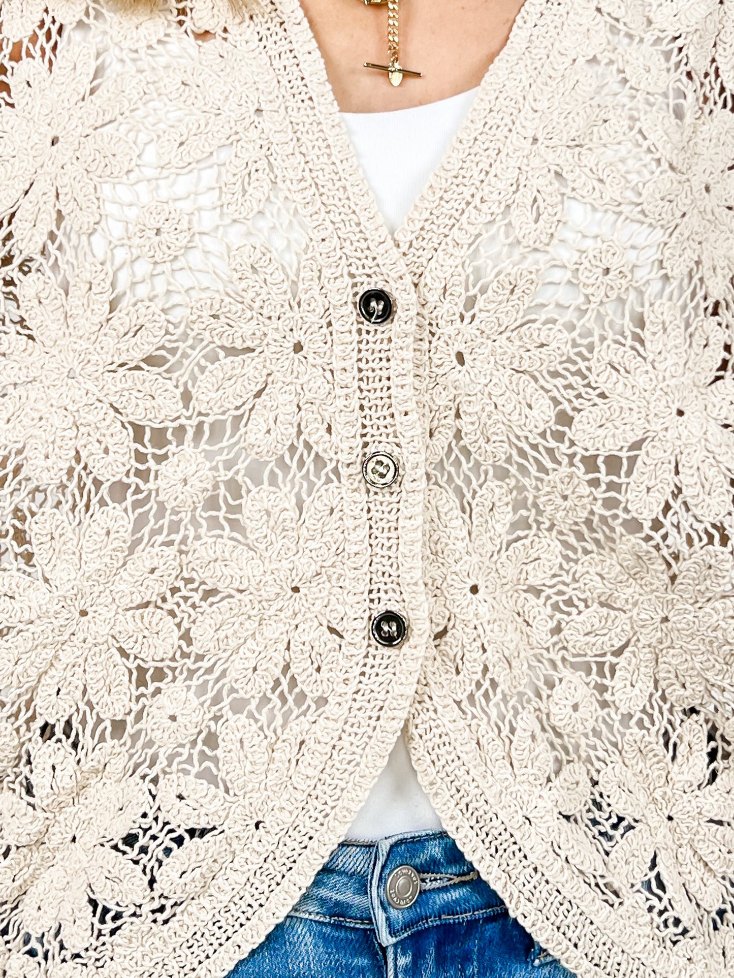 Crochet Button Down Half Sleeve Cardigan