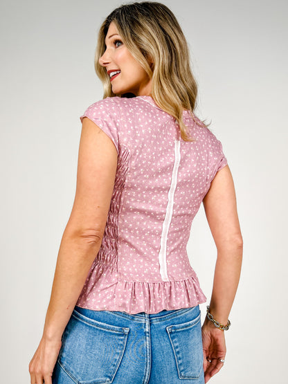 Short Sleeve Printed Knit Top with Smock Body Detail