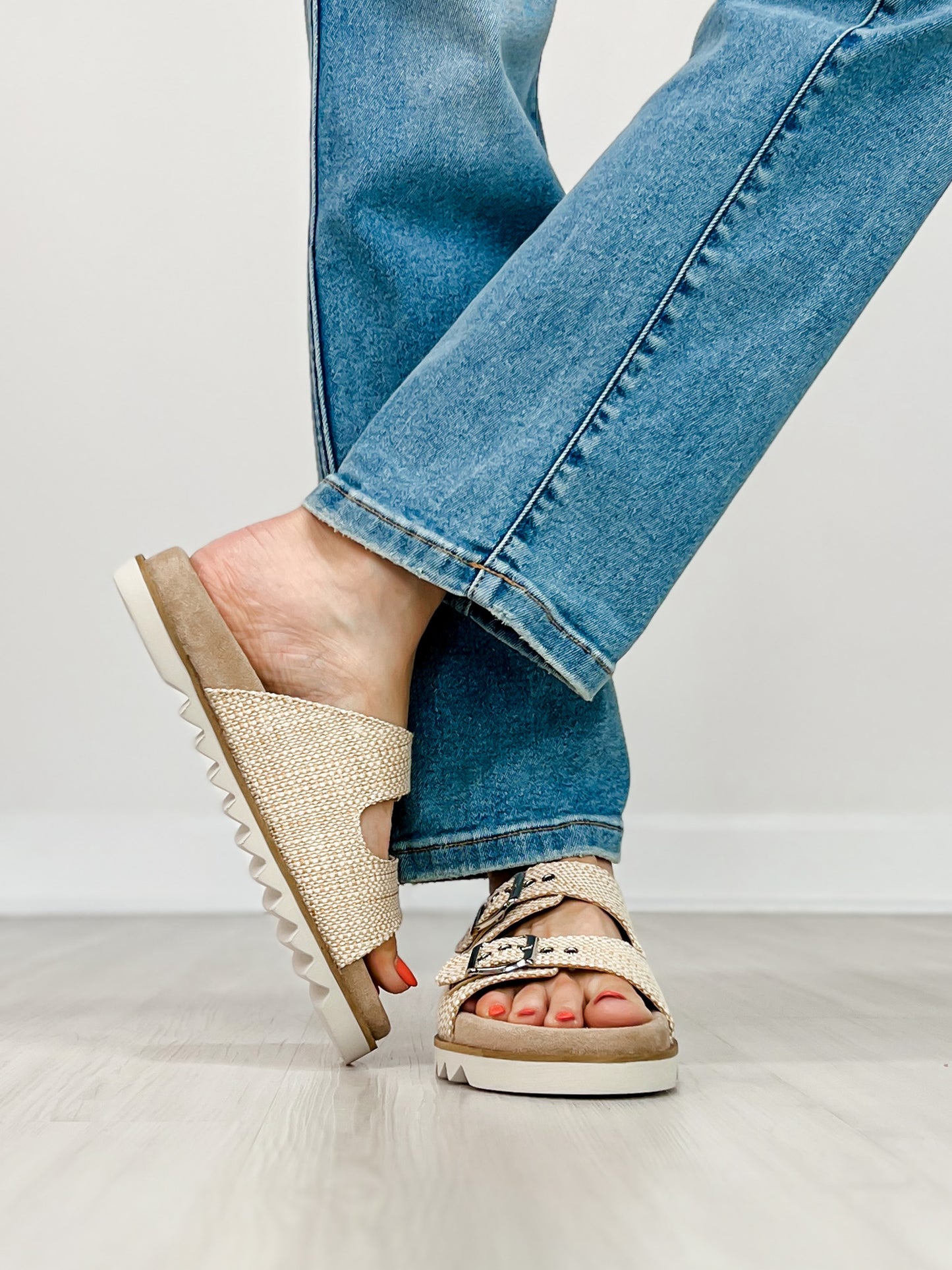 Corkys Dash Two Band Slide Sandals in RAFFIA