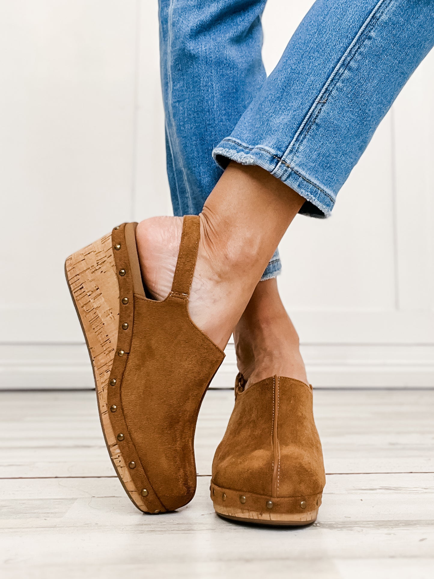 Corkys Make Em Blush Clog Wedges in Tobacco Faux Suede