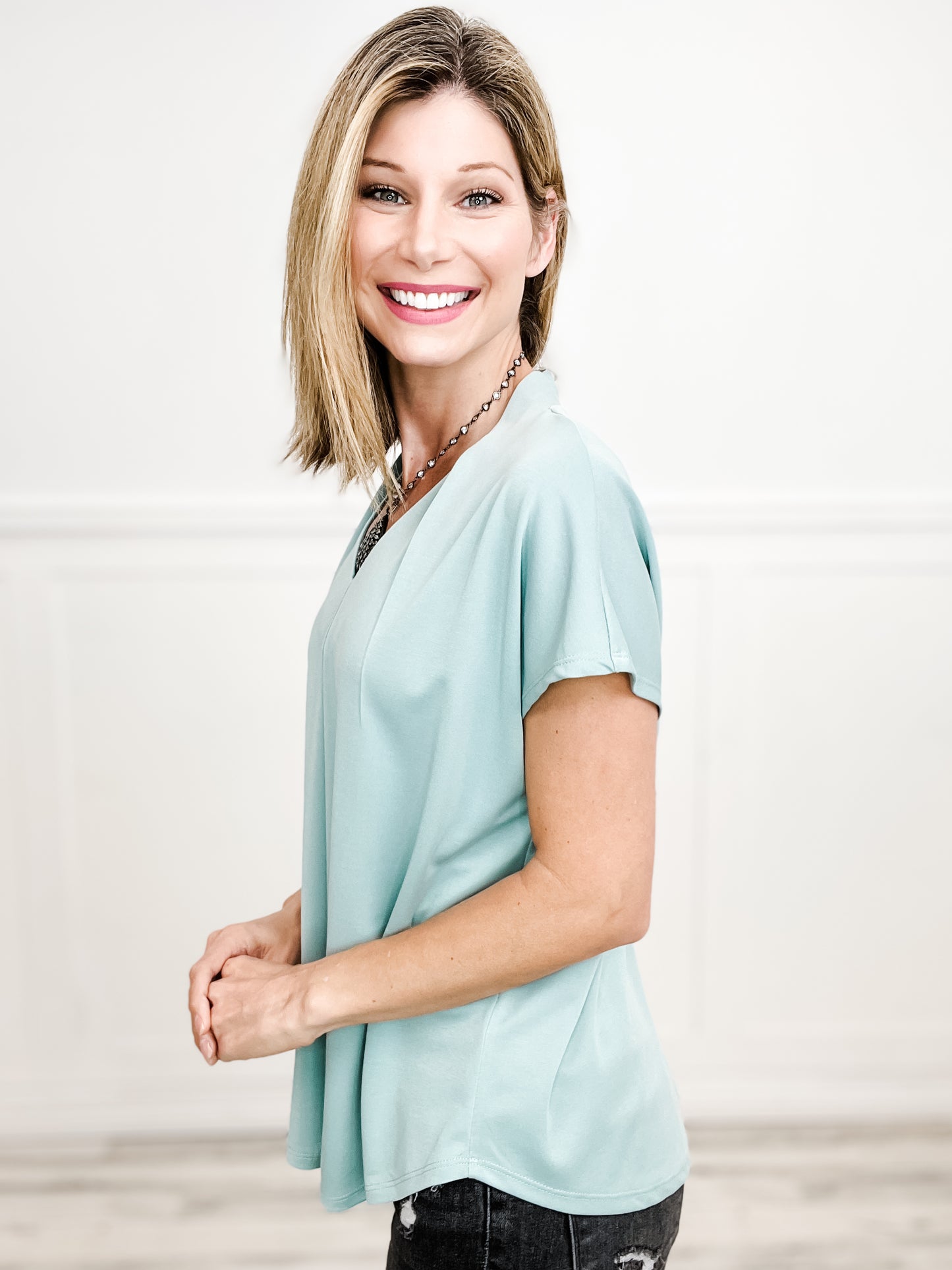 Free Thinking Modal Blend Jersey V-Neck Round Hem Top