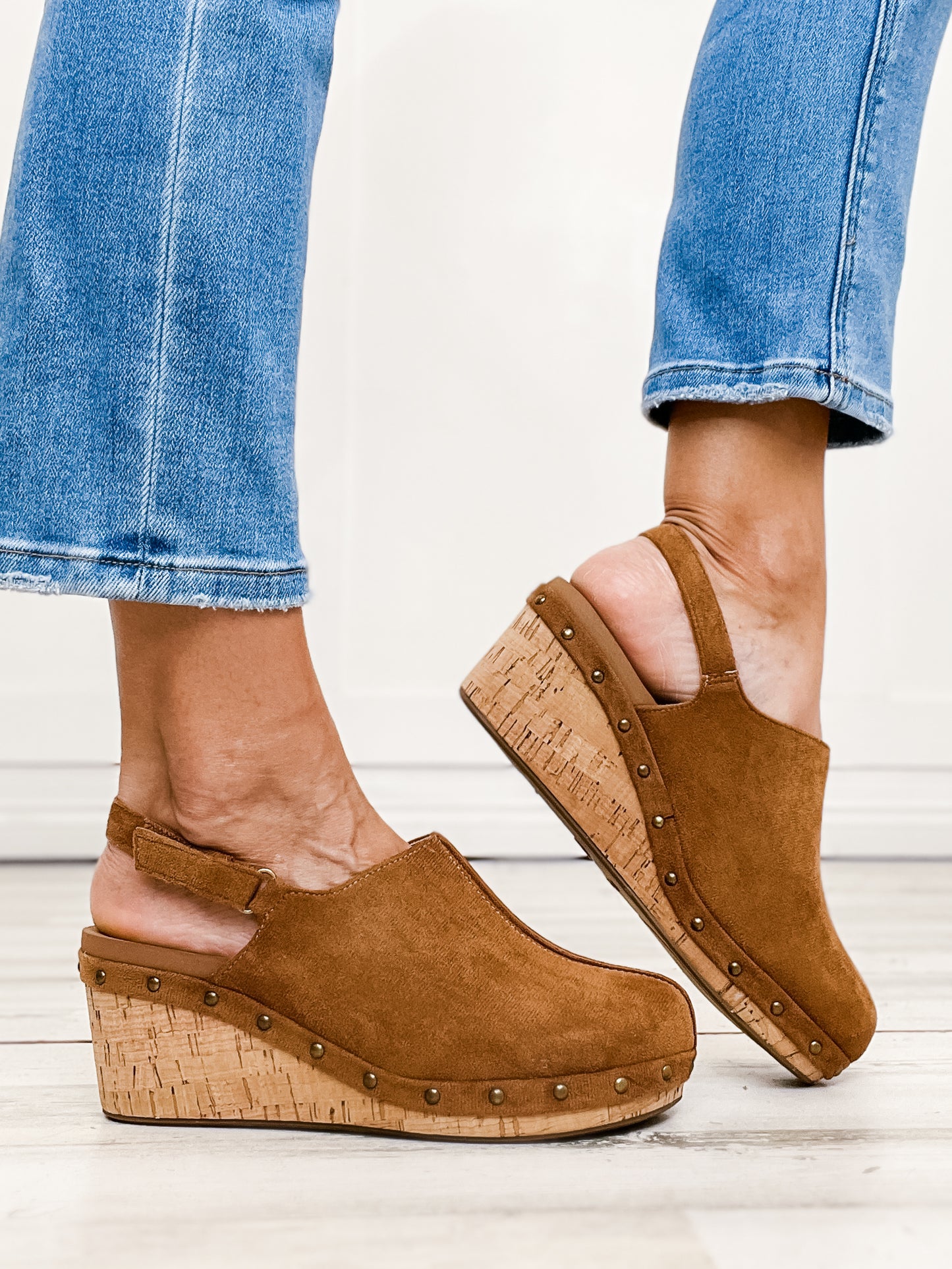 Corkys Make Em Blush Clog Wedges in Tobacco Faux Suede