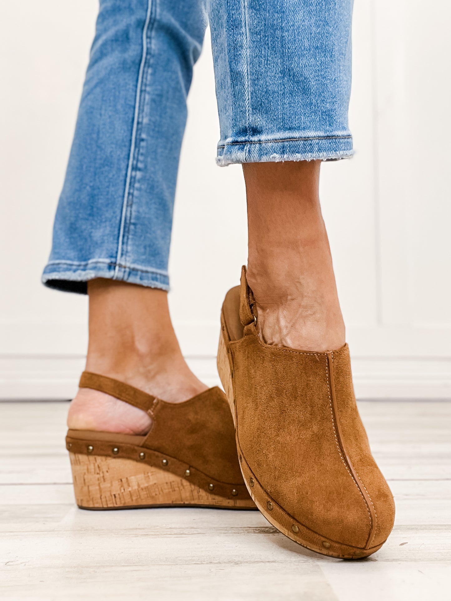 Corkys Make Em Blush Clog Wedges in Tobacco Faux Suede