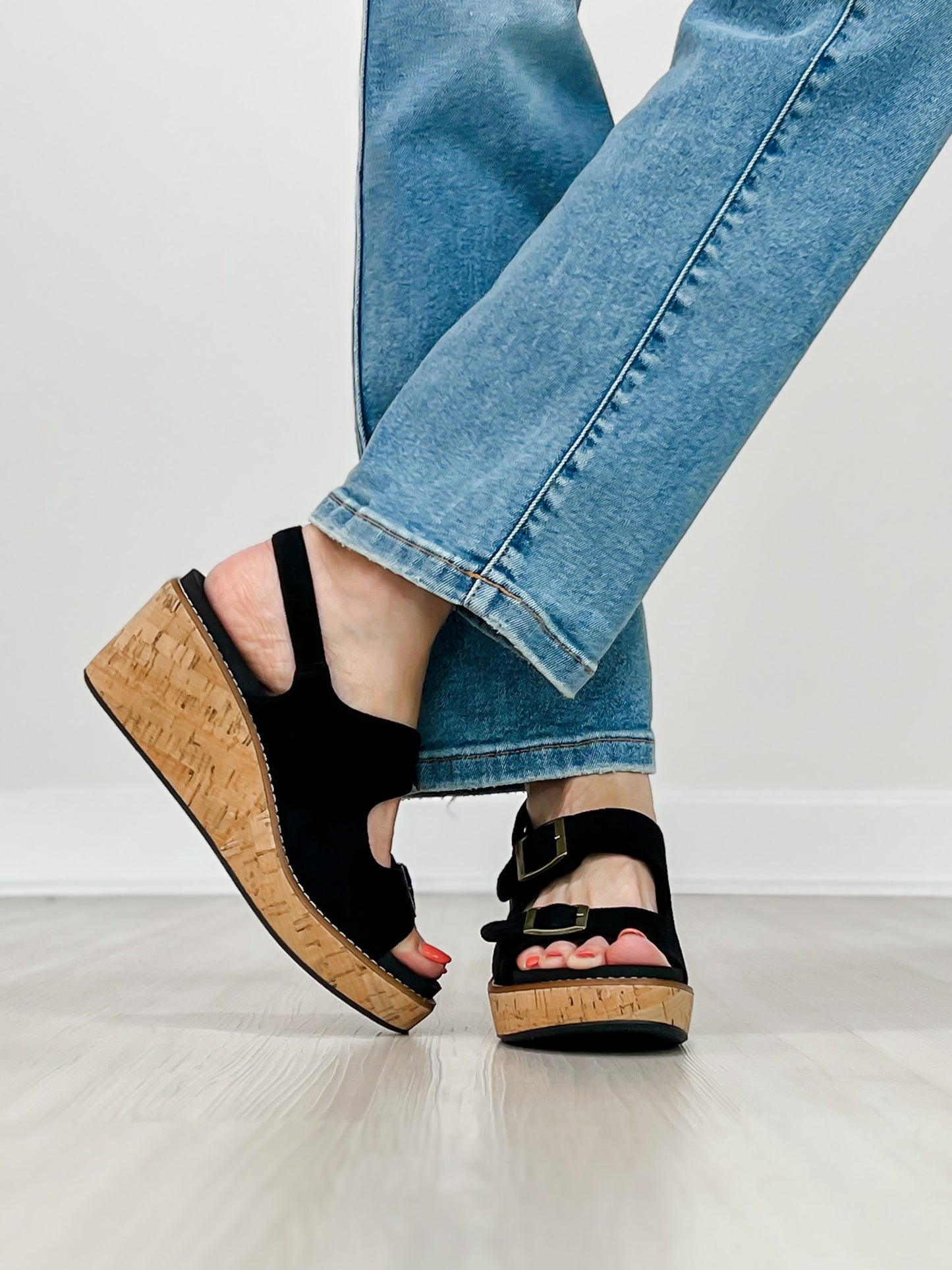 Corkys My 2 Cents Wedges in BLACK FAUX SUEDE